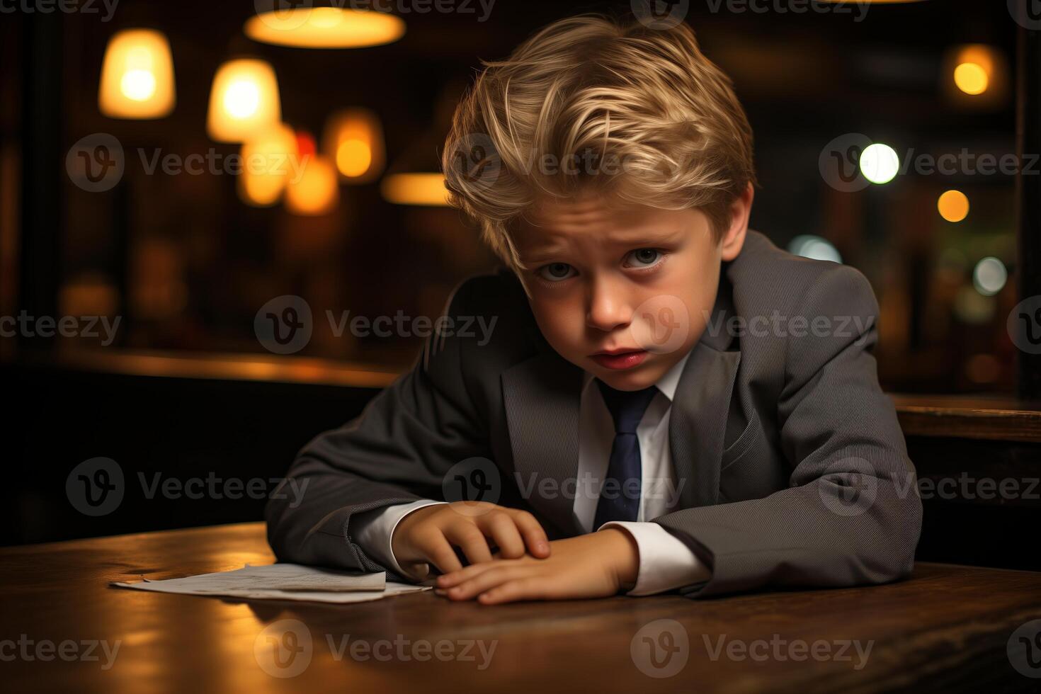 A young boy in a formal suit sits at a wooden table with his arms folded and a sad expression on his face. photo