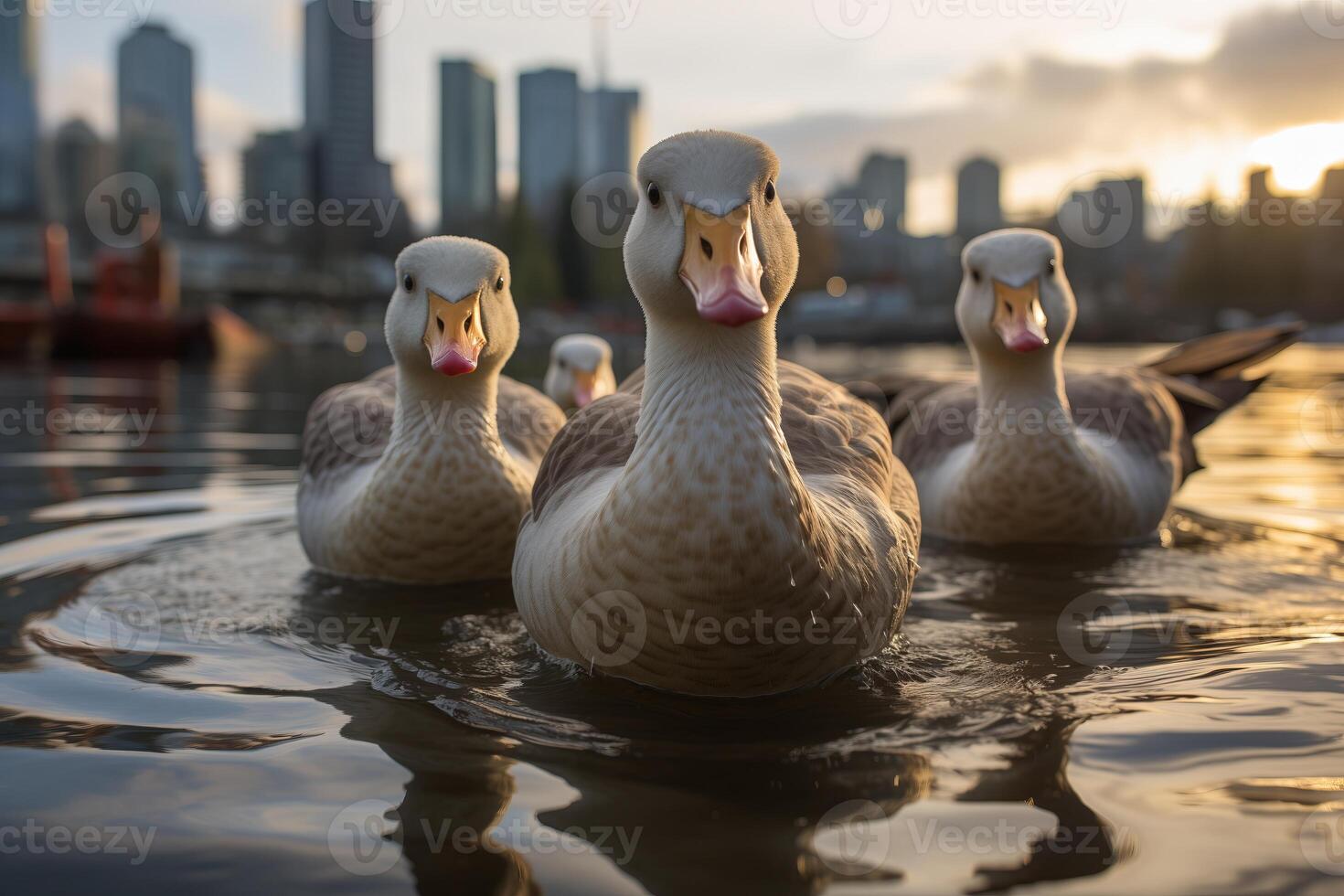 un grupo de patos pacíficamente flotante en el agua de un sereno lago. foto