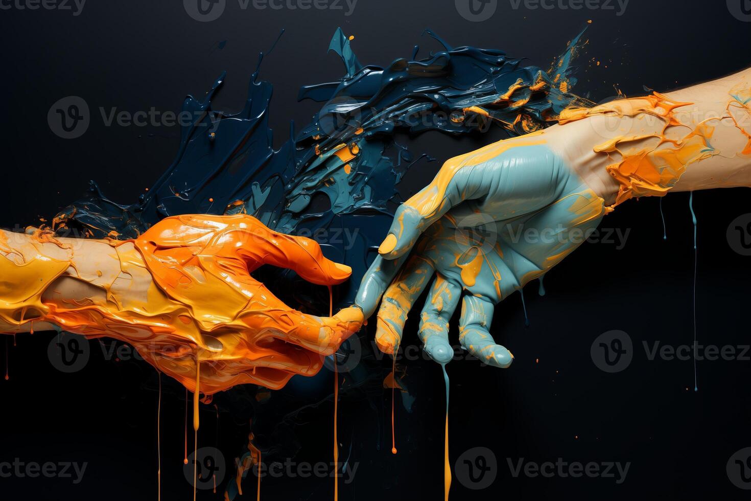 A pair of hands covered in yellow and blue paint interlocked in a gesture of connection and unity. photo