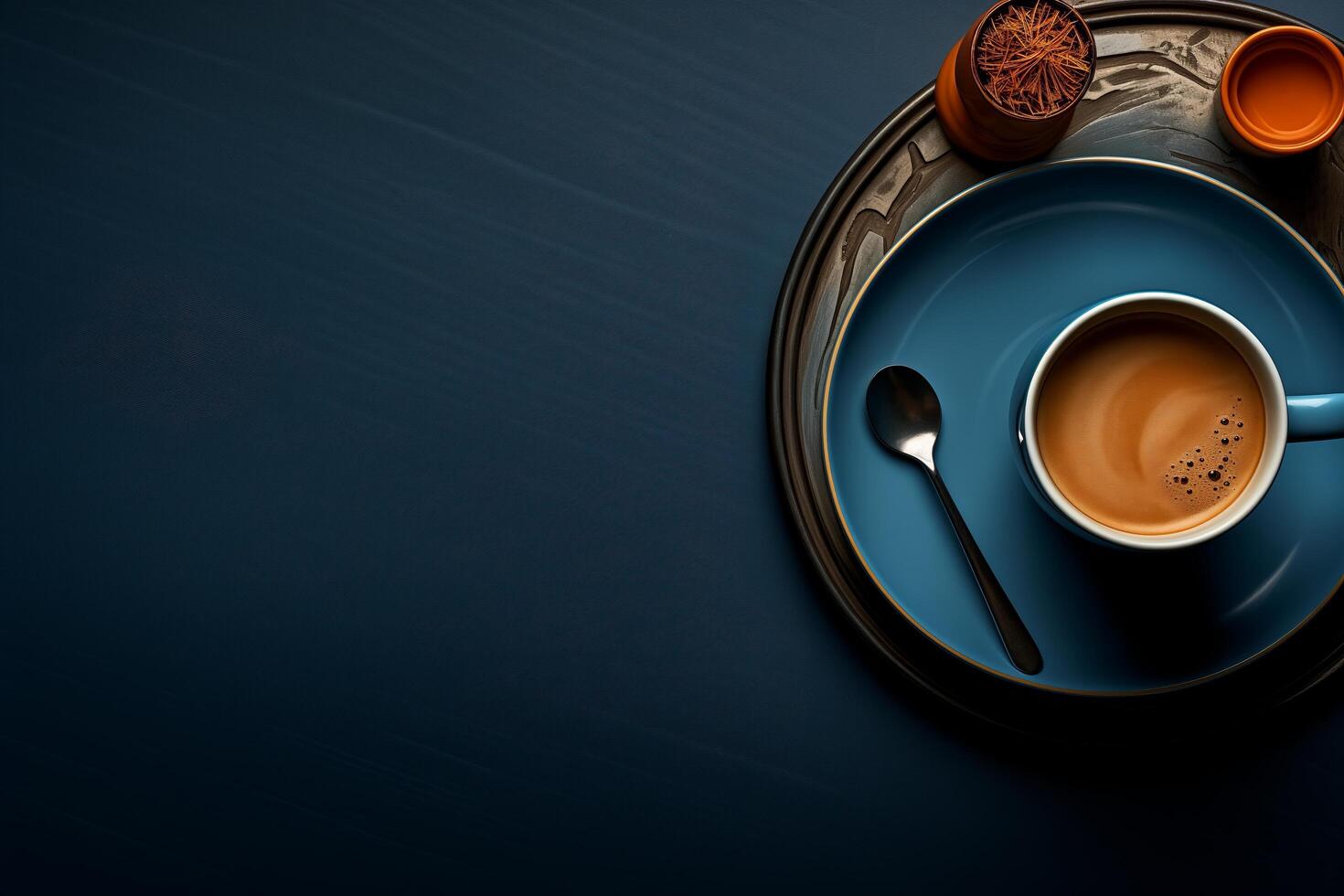 A cup of coffee with cream stand on a plate with a silver spoon next to it, on a dark blue surface. photo