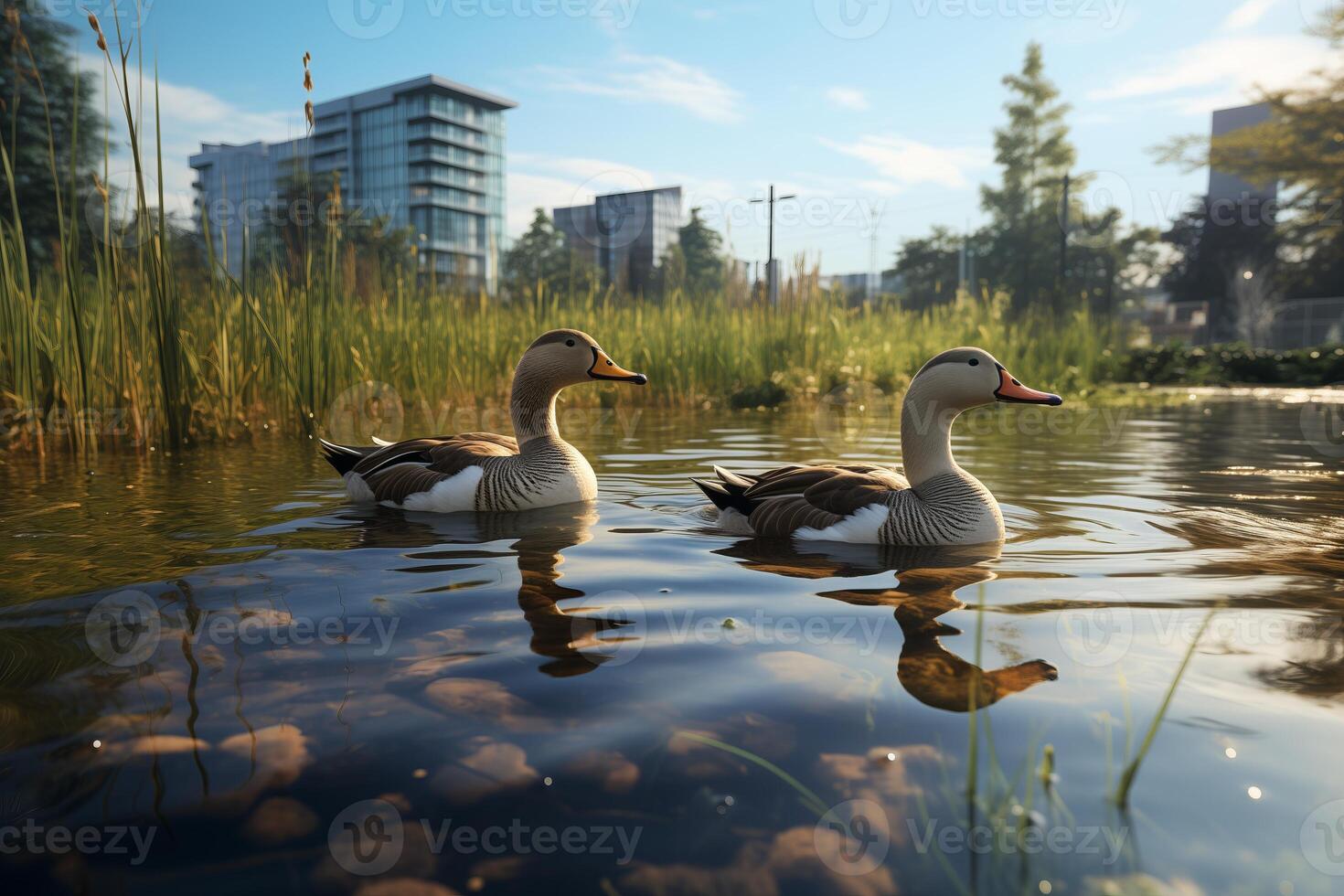 dos patos pacíficamente flotante en el agua de un sereno lago. foto