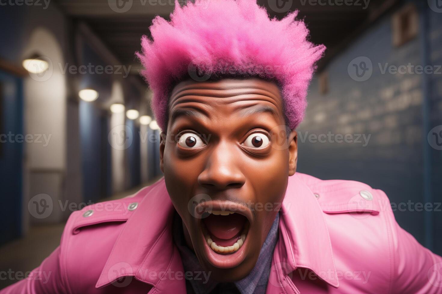 The pink haired man appears surprised, his eyes wide and his mouth hanging open. photo