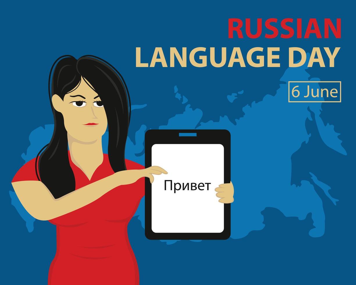 illustration graphic of a woman says hello in Russian via notepad, perfect for international day, russian language day, celebrate, greeting card, etc. vector