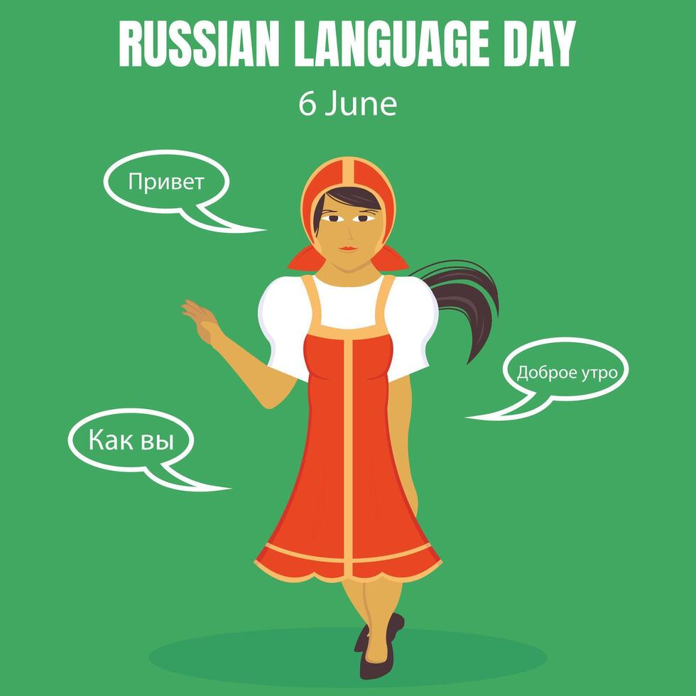 illustration graphic of a woman says hello, how are you, and good morning, perfect for international day, russian language day, celebrate, greeting card, etc. vector
