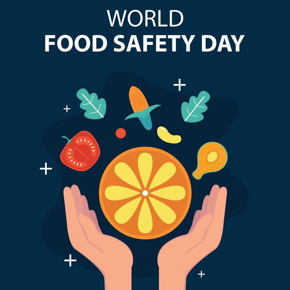 illustration graphic of a pair of hands holding up fruit and vegetables, perfect for international day, world food safety day, celebrate, greeting card, etc. vector