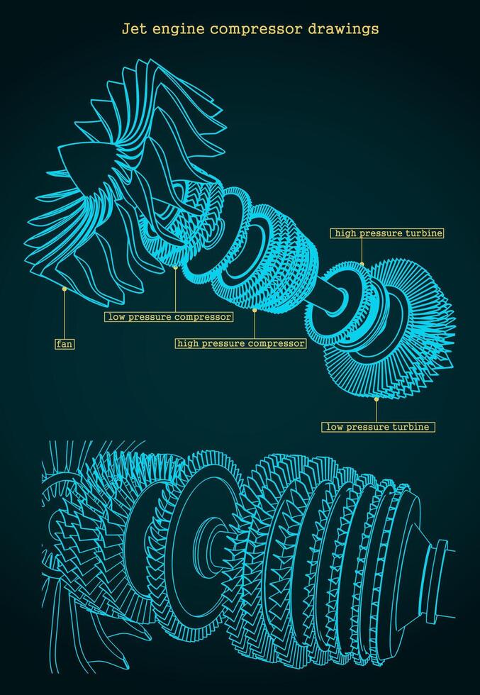 Turbofan engine compressor drawings vector