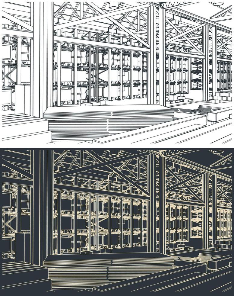 Large warehouse interior sketches vector