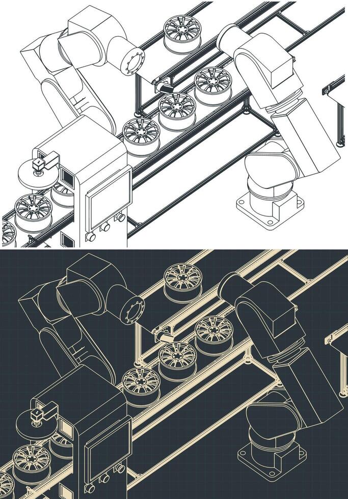 Automated factory line isometric drawings vector
