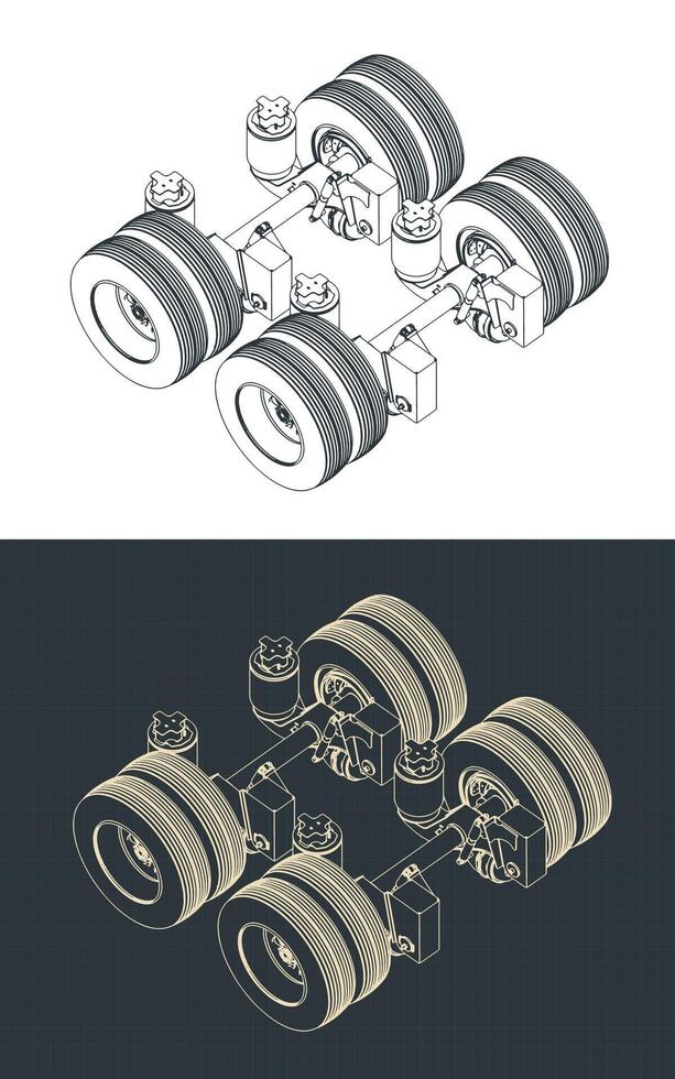 Lift axle for trailer isometric blueprints vector