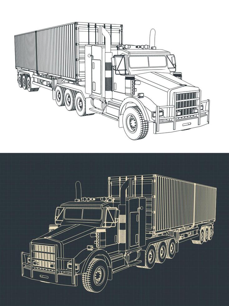 Container tractor trailer truck blueprints vector