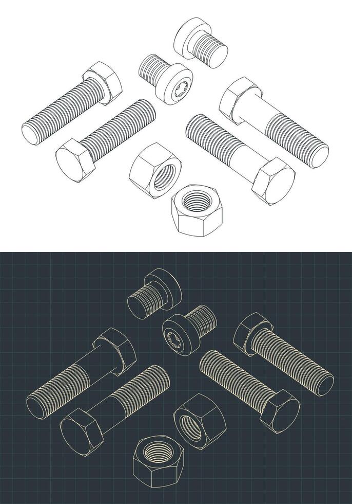 Isometric screws and nuts drawings set vector