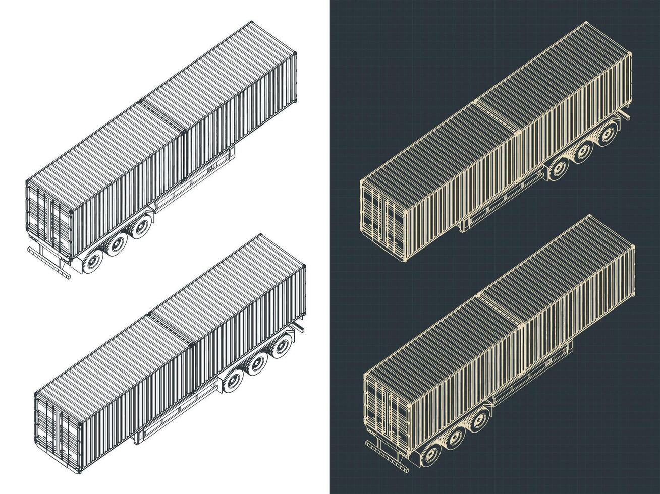 Tri-axle container trailer isometric blueprints vector