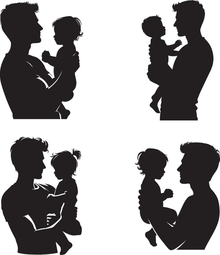 Silhouette of a father holding his child set. Happy father day Symbol. Illustration of daddy and child. Father with his son on white background. vector