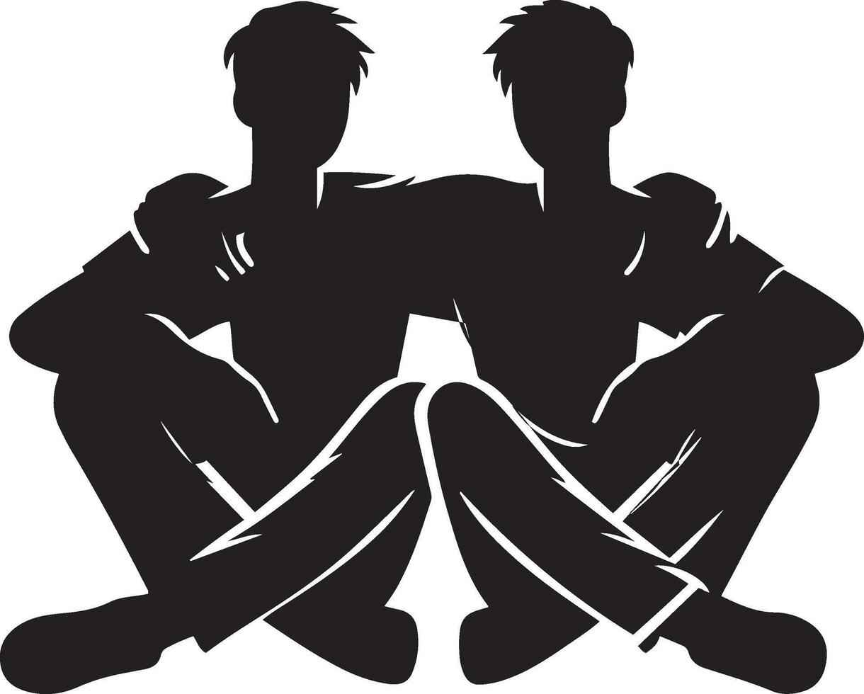 Two friends are sitting with hands on each other's shoulders. Friendship day design concept. Silhouette of a man sitting. vector