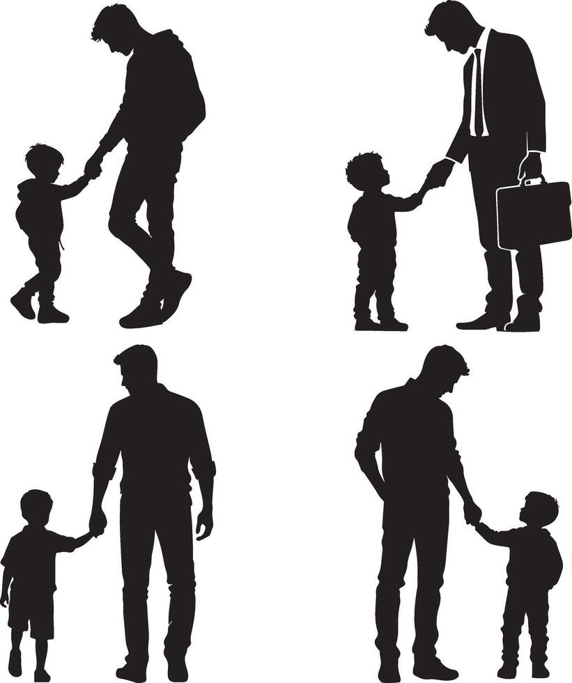 Silhouette of a father holding the hand of his son set. Happy father day Symbol. Illustration of daddy and child. Father with his son on white background. vector