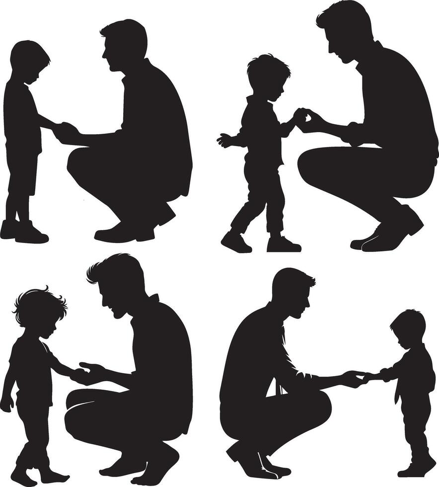 Father holding child hand silhouette set. Happy father day Symbol. Illustration of daddy and child. Father with his son on white background. vector