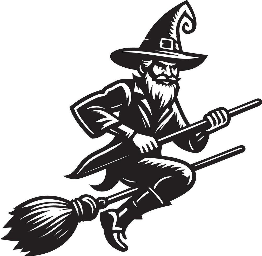 Wizard flying on a broom illustration. Happy Halloween Witch silhouette illustration. vector