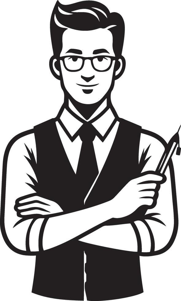 Teacher in a vest and tie holding a pen illustration. vector