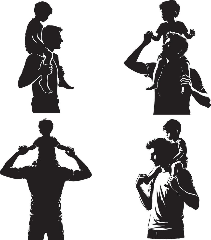 Father holding his child on his shoulders silhouette set. Happy father day Symbol. Illustration of daddy and child. Father with his son on white background. vector