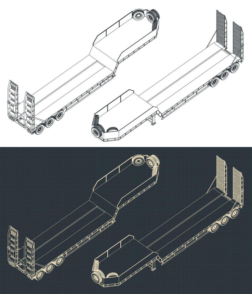 3 axle lowbed trailer isometric blueprints vector