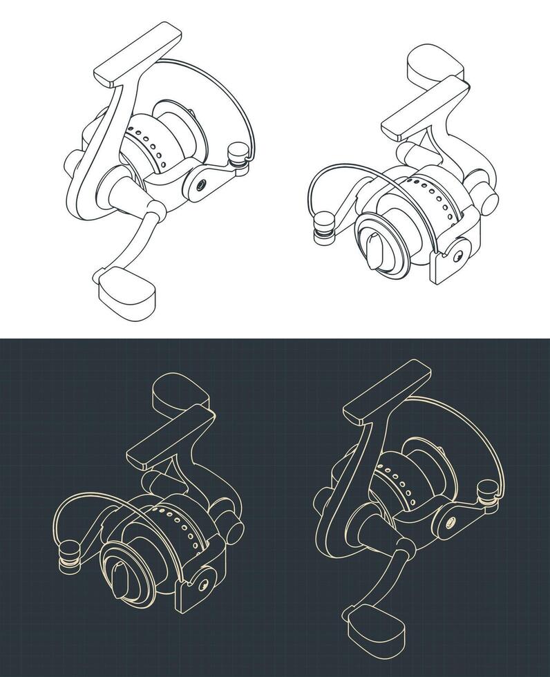 Fishing reel isometric blueprints vector