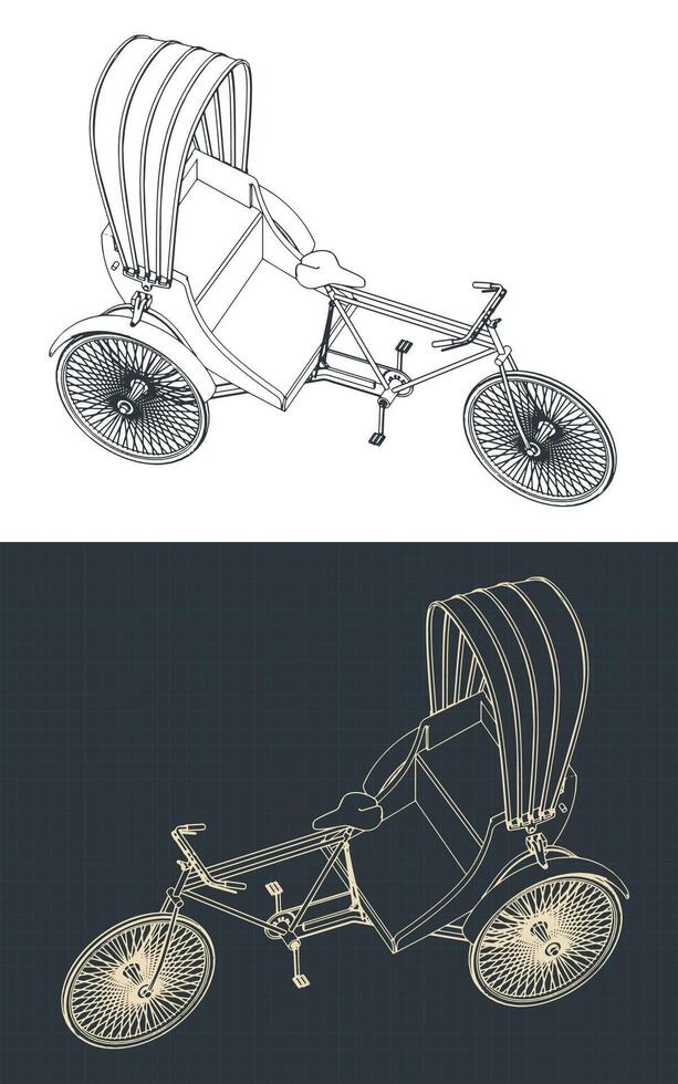 Three wheeled man-powered vehicle blueprints vector