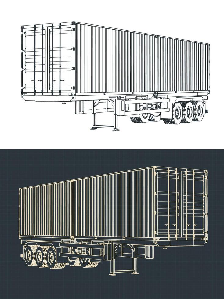 Container trailer blueprints vector