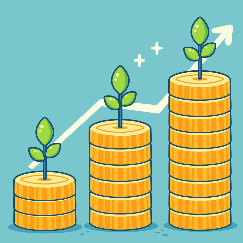 green sprout growth of a stack of coins, growth trend vector