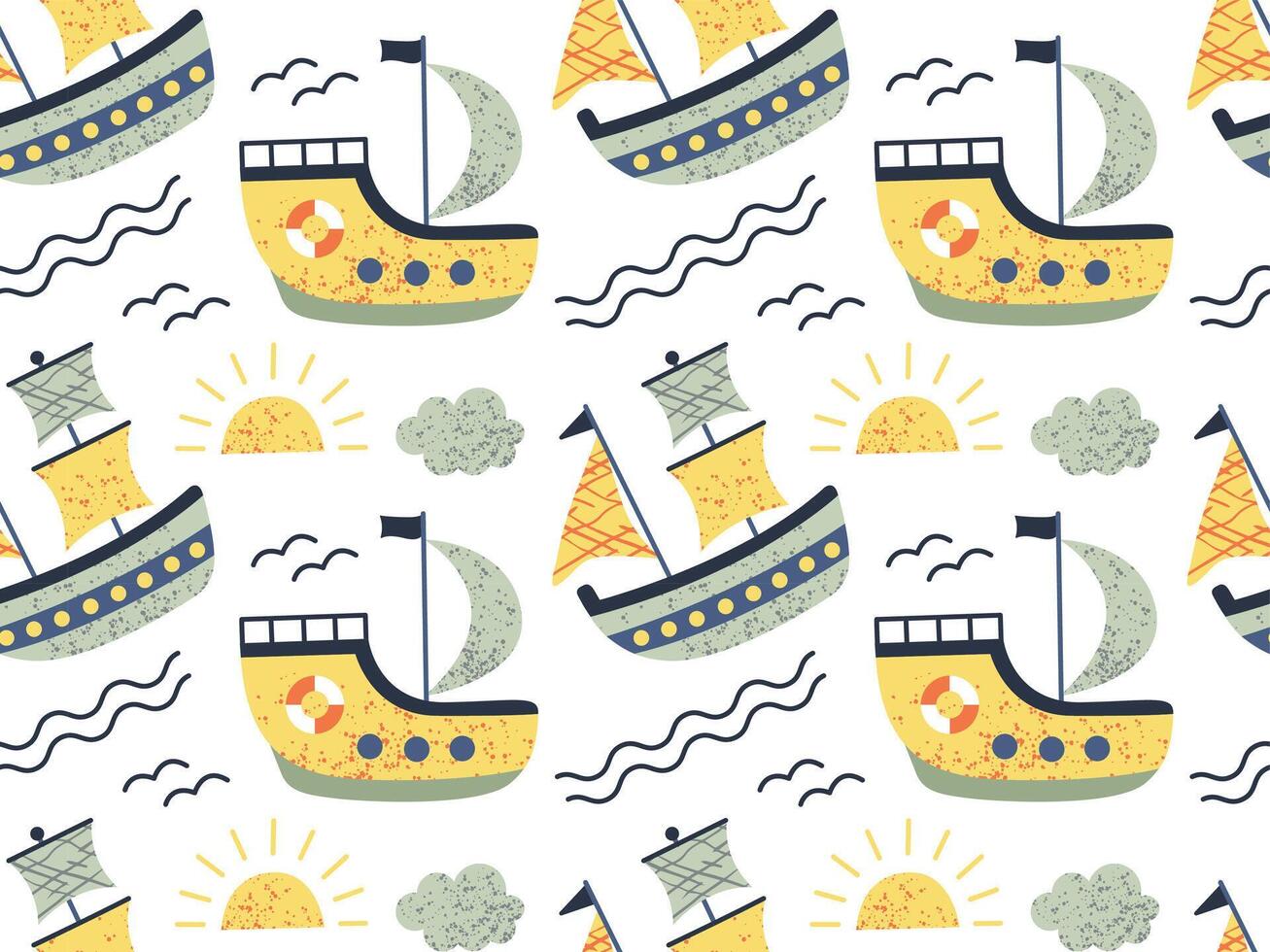 Seamless pattern of ships, sailboat. Doodle style childish ship. Marine transport clipart. Collection of cute ships. vector