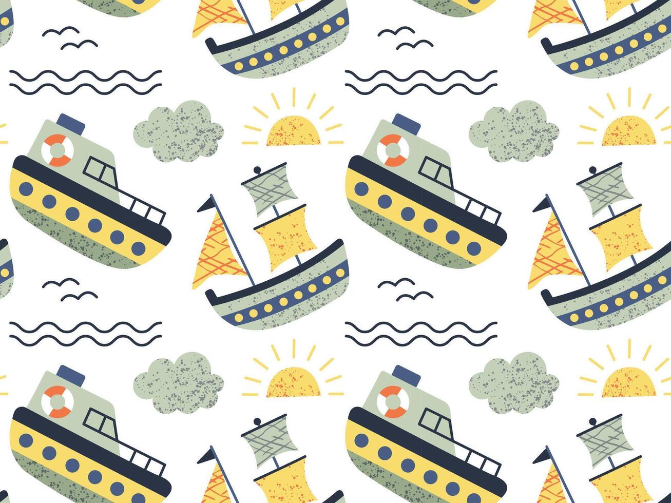 Seamless pattern of ships, boat. Doodle style childish ship. Marine transport clipart. Collection of cute ships. vector