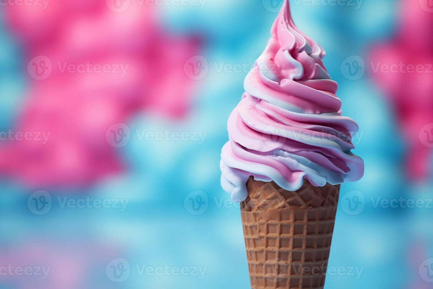 A single ice cream cone standing on a vibrant pink and blue background, creating a playful and colorful scene. photo