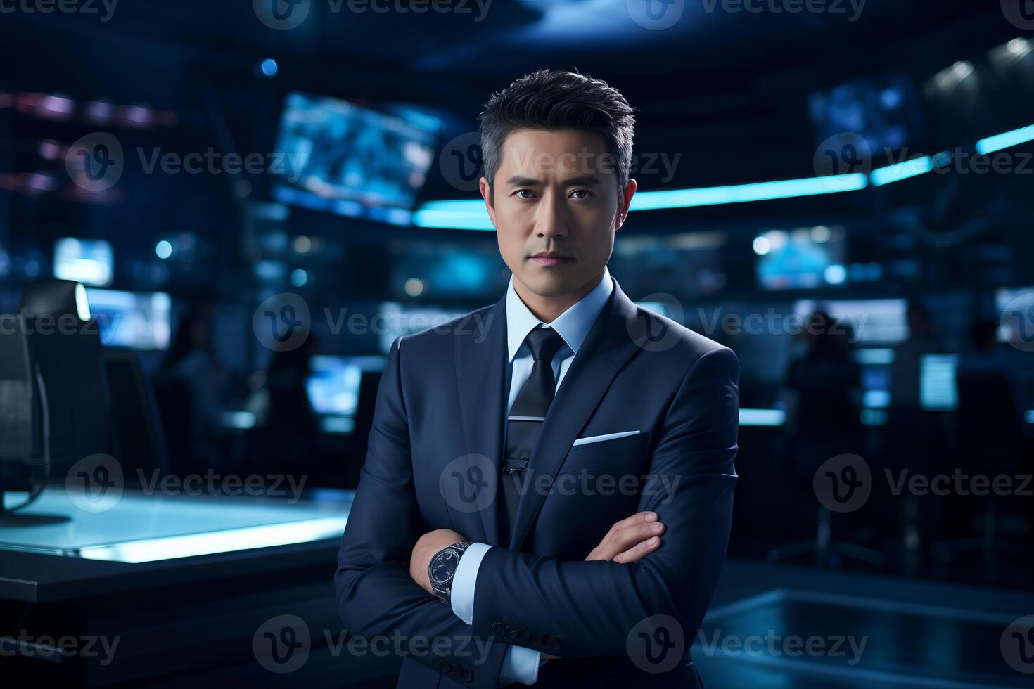 A man in a formal suit, a news anchor, stands in the studio in front of the camera with his arms folded. photo