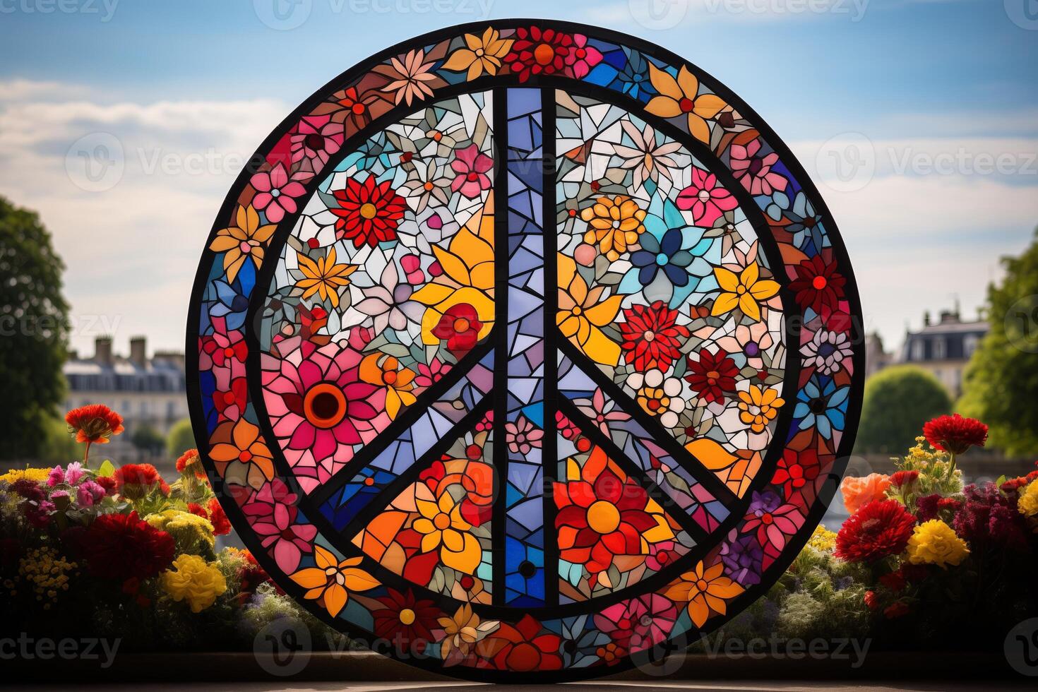 A peace sign crafted from vibrant stained glass pieces, showcasing intricate design and colorful patterns. photo