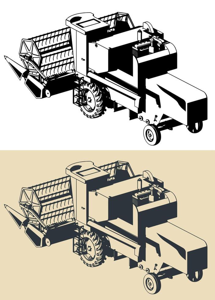 Stylized illustrations of a combine harvester vector