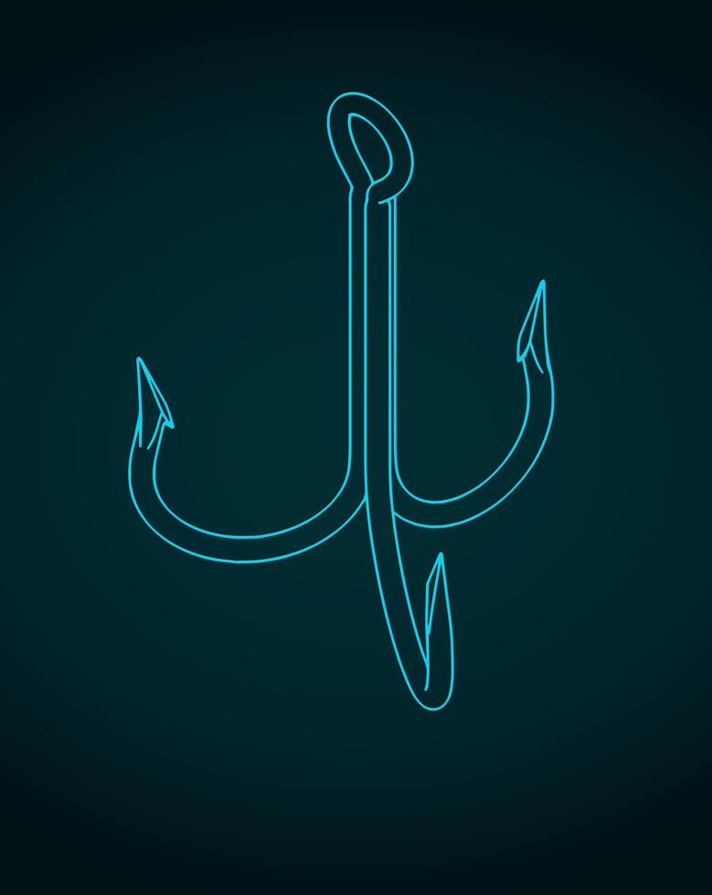 Treble fishing hook blueprint vector