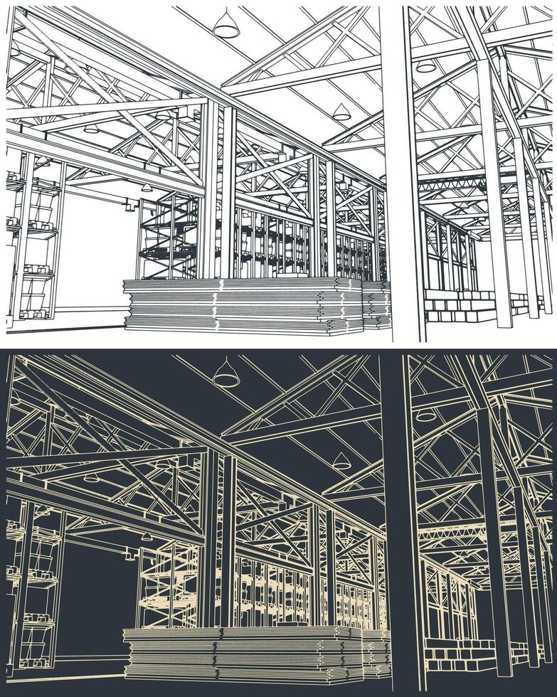 Warehouse interior sketches vector