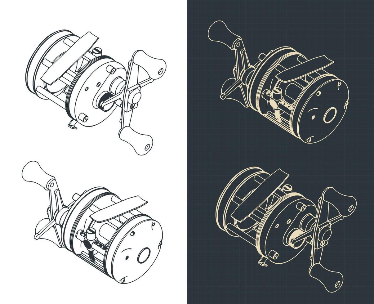 Fishing reel isometric drawings vector