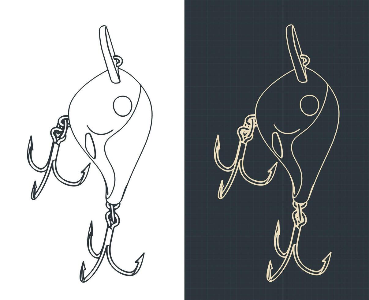Fishing lure on two hooks blueprints vector