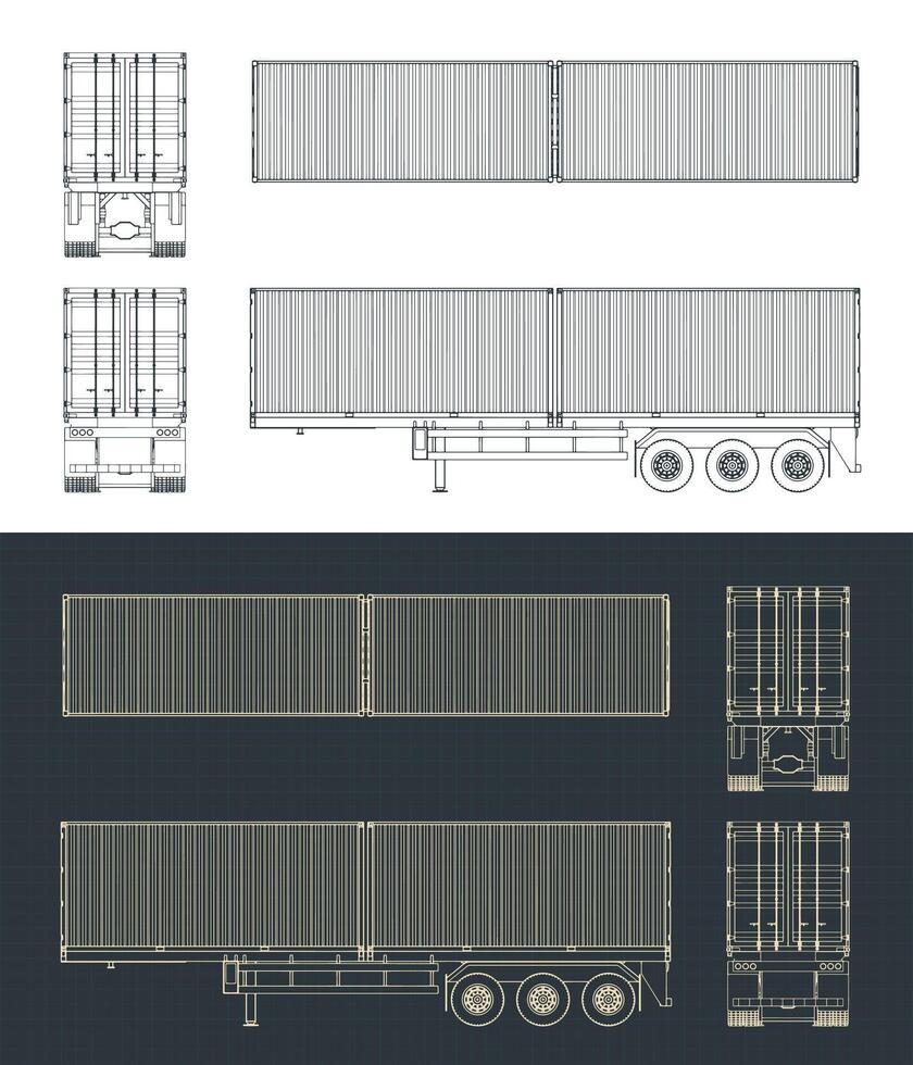 Tri-axle container trailer blueprints vector