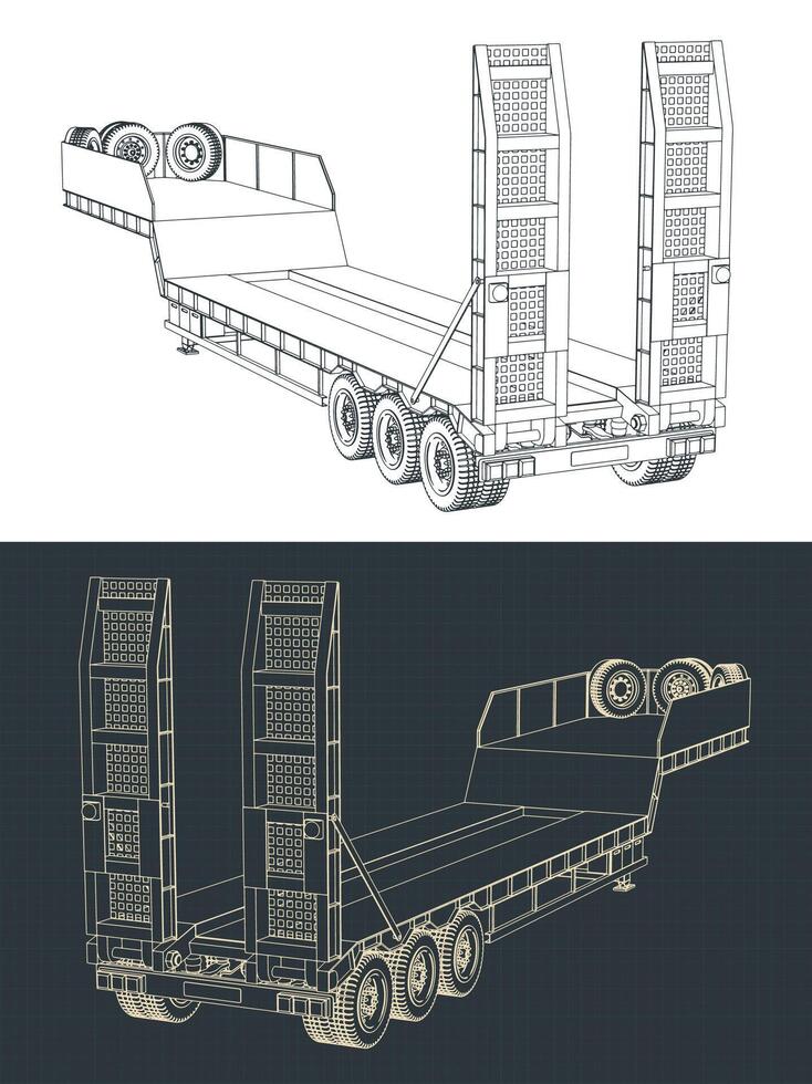 3 axle lowbed trailer drawings vector