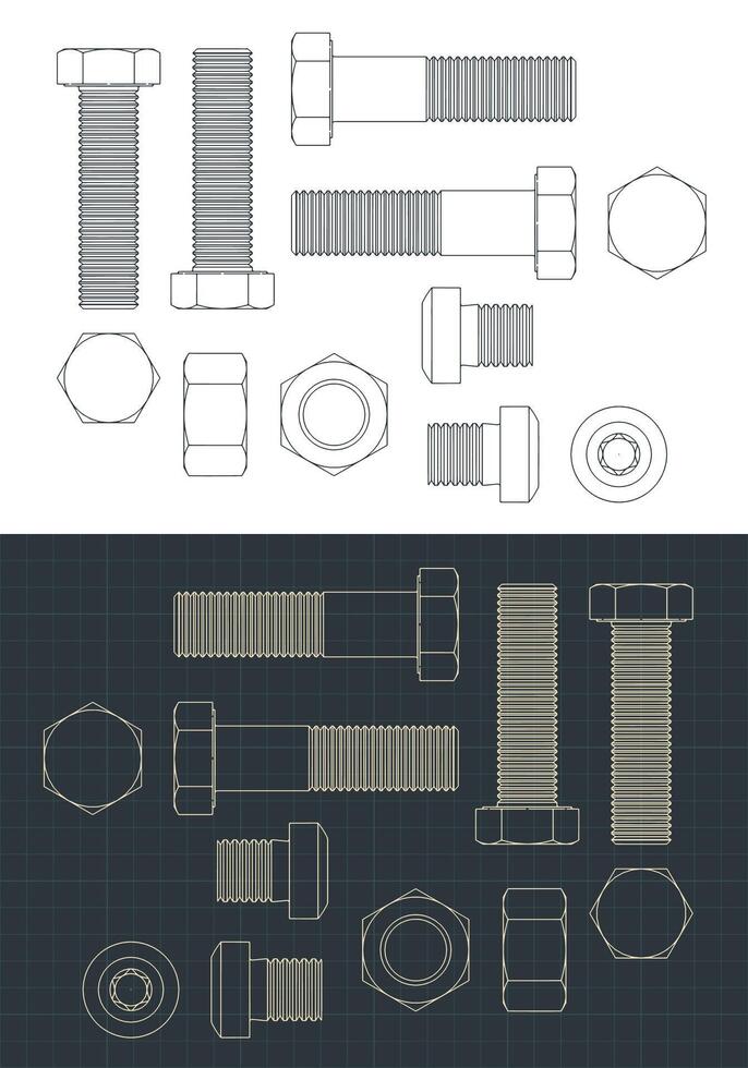 Screws and nuts drawings set vector