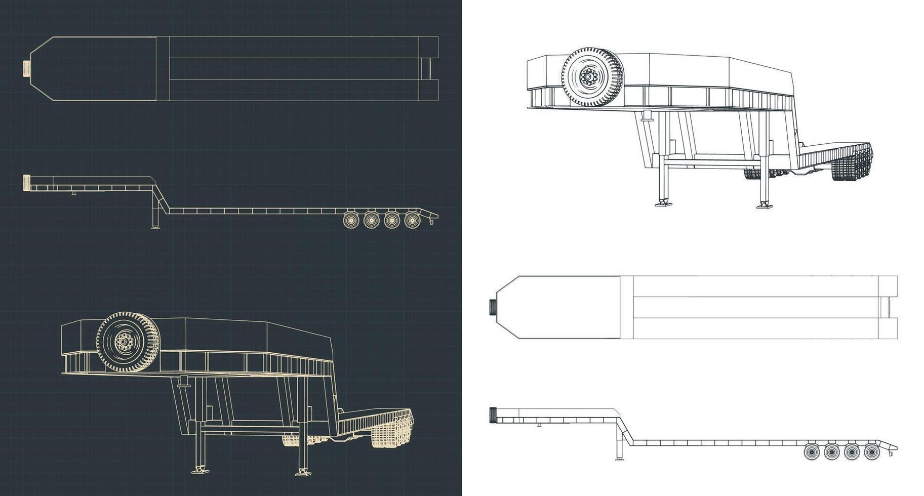 4 axle lowbed trailer blueprints vector