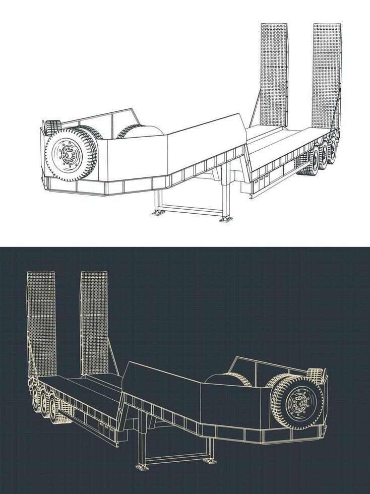 3 axle lowbed trailer blueprints vector