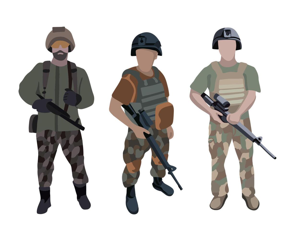 Military men. Set of men in military uniform. Set of soldiers with weapons. vector