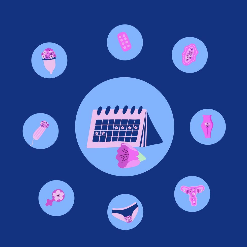 Menstrual cycle icons. Hygiene during menstruation. Women's health. Menstrual calendar. vector