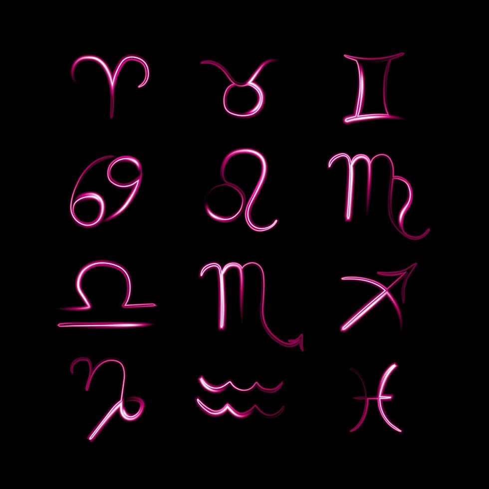 Set of zodiac signs with neon effect. vector