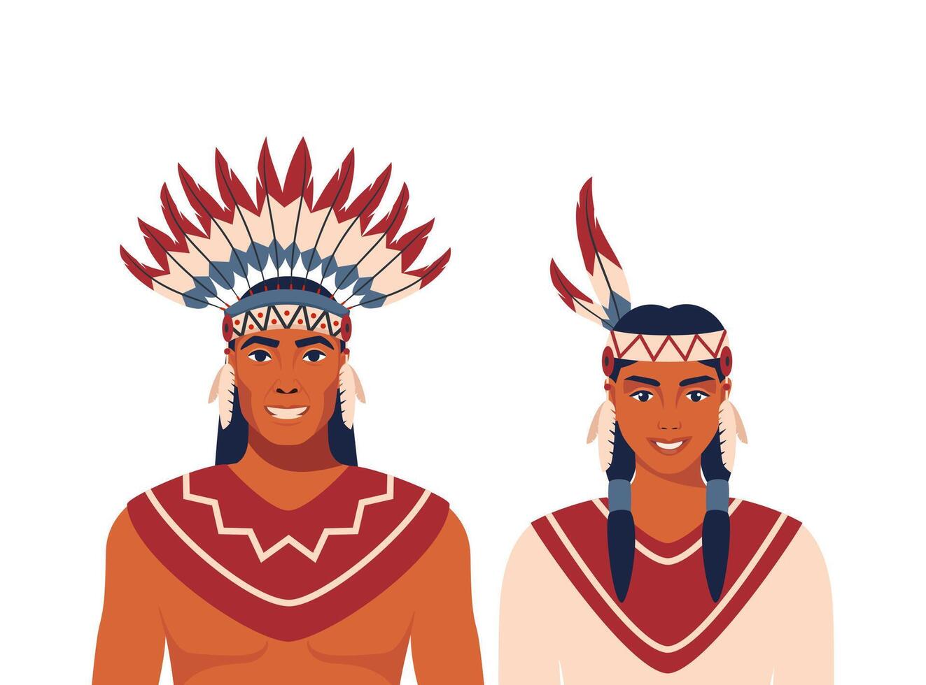 American Indians man and woman couple in traditional national clothes. Native americans wearing traditional costumes. Woman in national dress. Man in feather headdress. vector