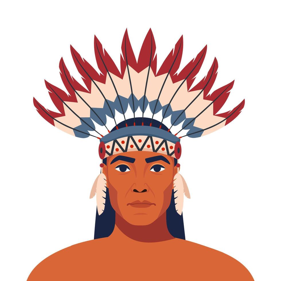 Native american indian man with feathers, illustration for wall art print poster. vector