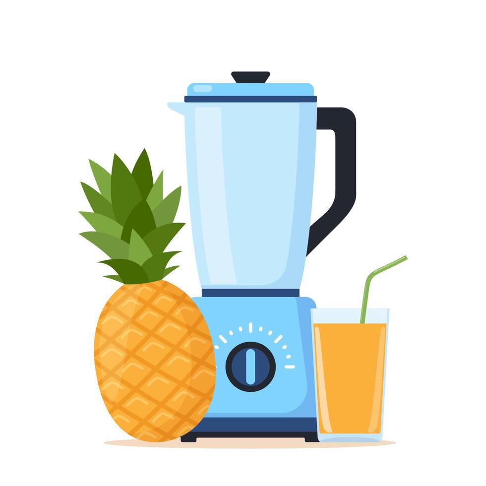Blender or mixer. Equipment for smoothie making. Pineapple and glass of fresh juice. Kitchen tool for cooking. vector