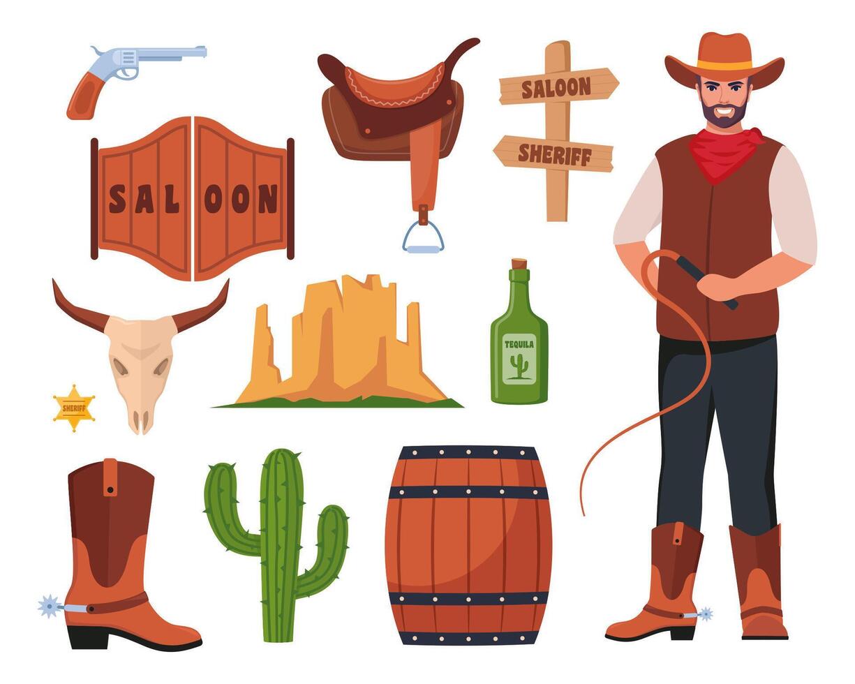 Wild West icons, set. Western and cowboy elements. Signboard, saloon door, wanted poster, sheriff badge, cactus, cow skull, cowboy hat, revolver, wagon. Texas symbols. vector
